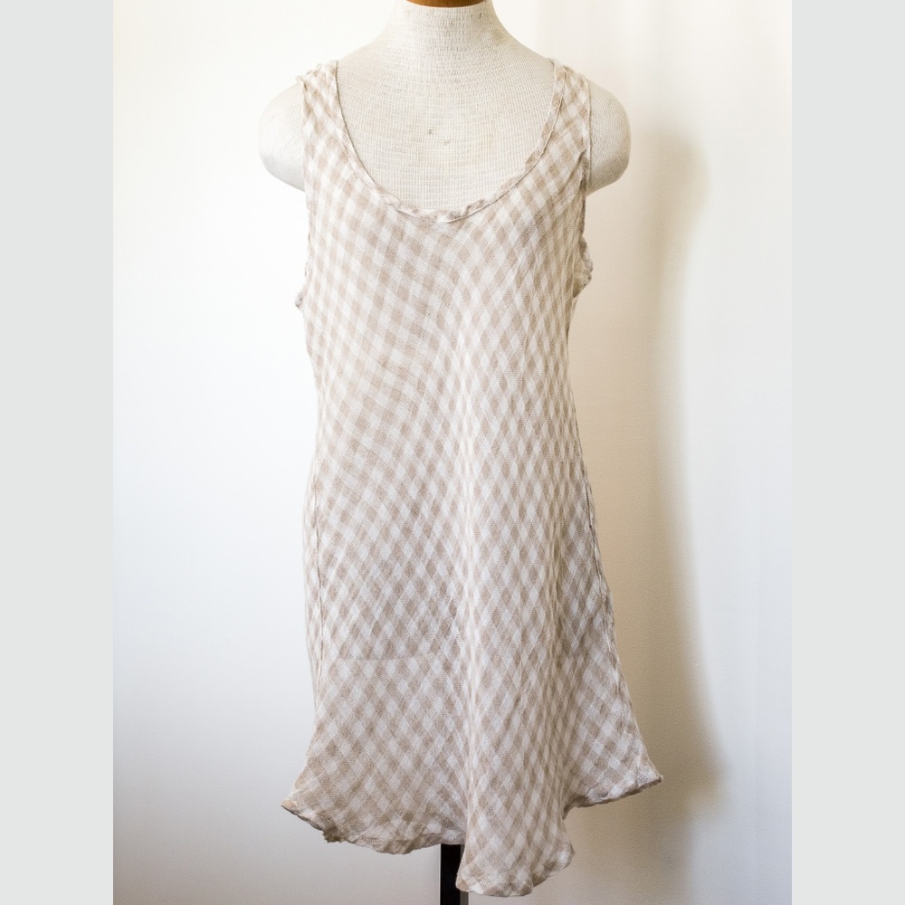 Women's Flax tank top M white brown checker linen